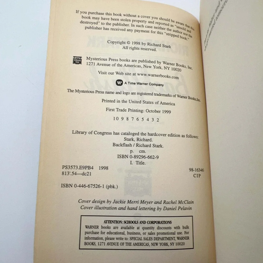 Richard Stark Backflash A‎ Parker Novel Mysterious Press PB EUC